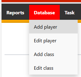 Picture of the Database menu dropped down and add player selected